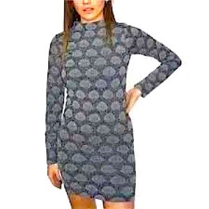 Zara Jacquard Med Navy Blue Seashell Metallic High Neck Open Back Bodycon Dress